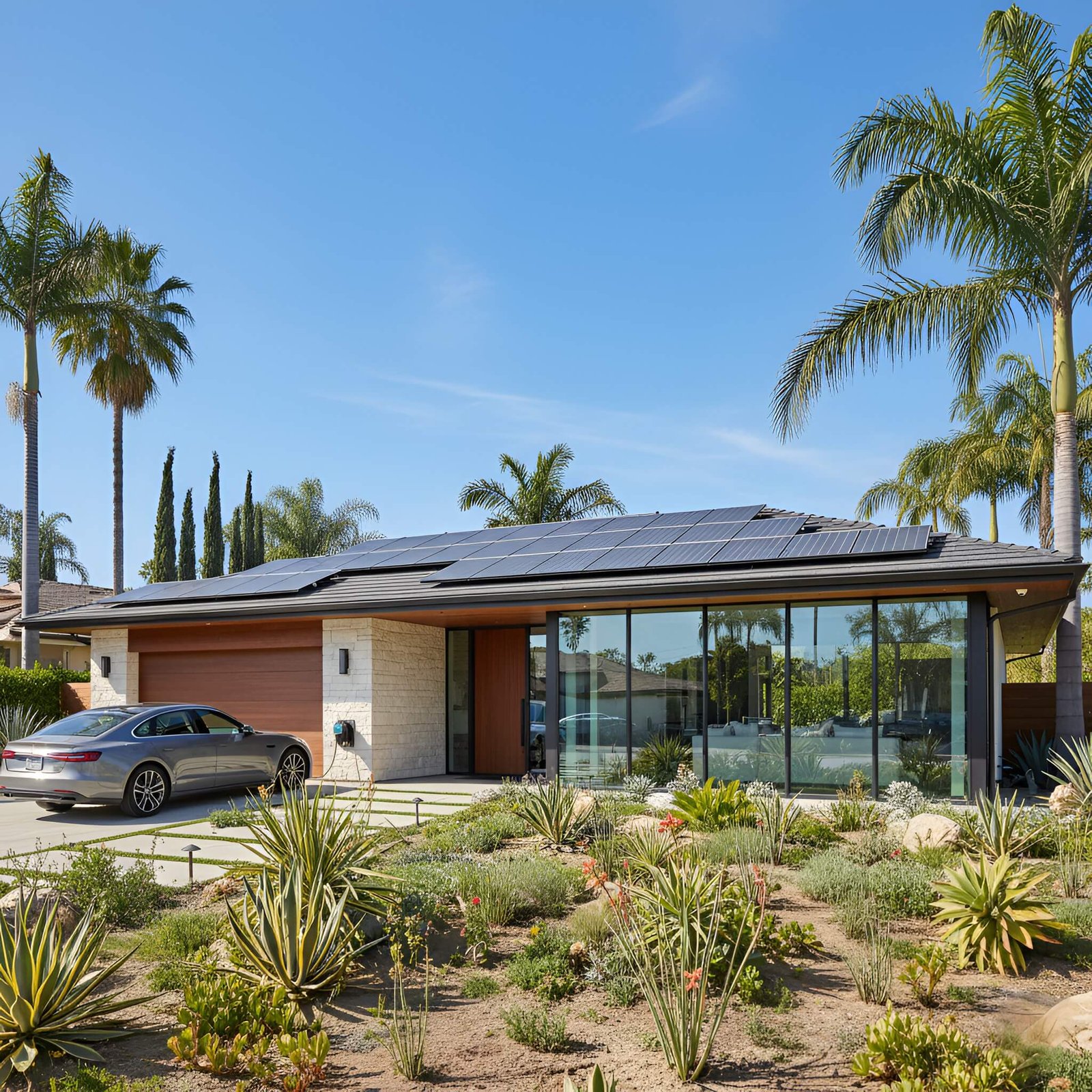 One-story modern California house with big windows, solar panels on the roof, and desert plants in the yard.