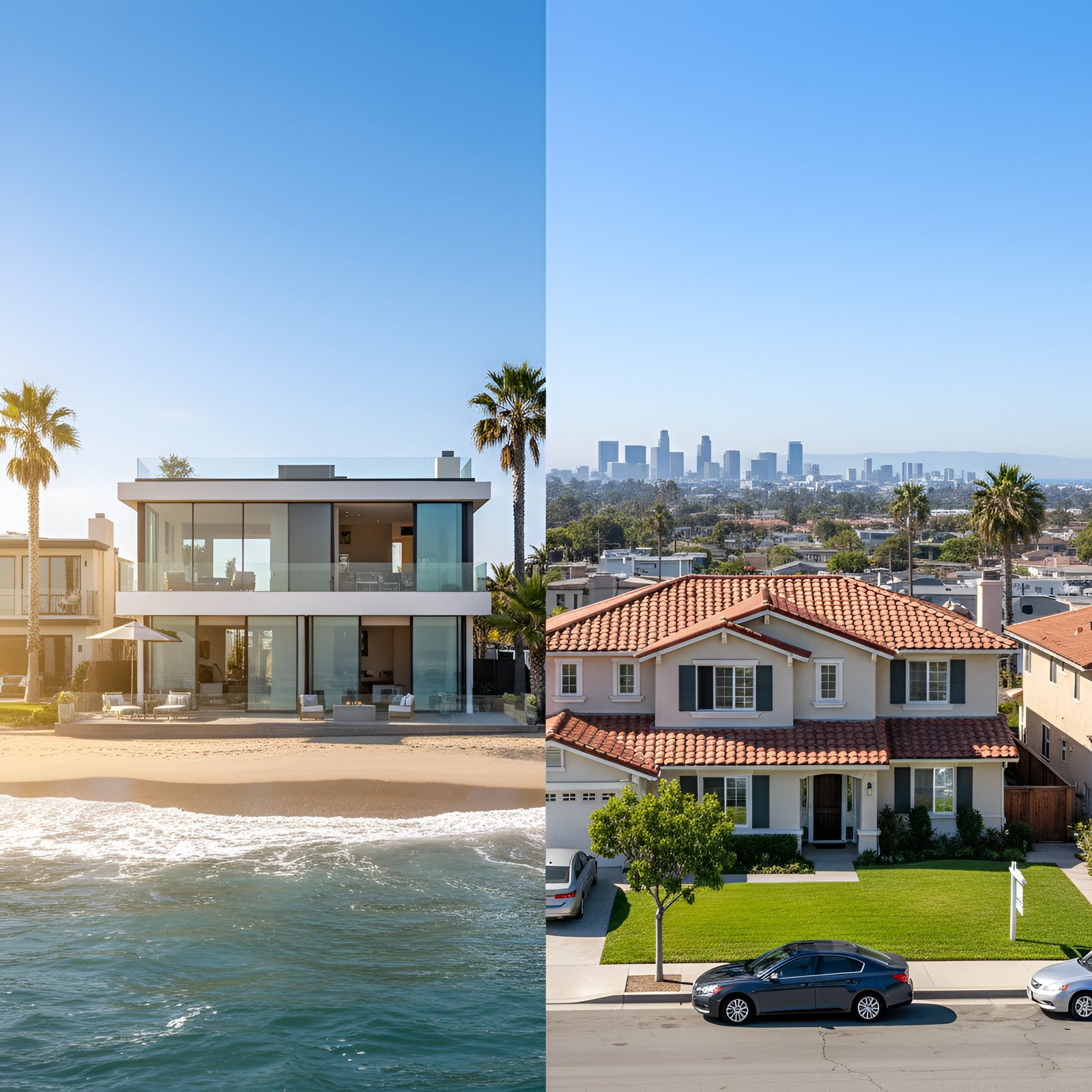 Split-screen view of Southern California homes: a modern beachfront villa on the left and a Mediterranean-style house with a red roof on the right, with the Los Angeles skyline in the distance.