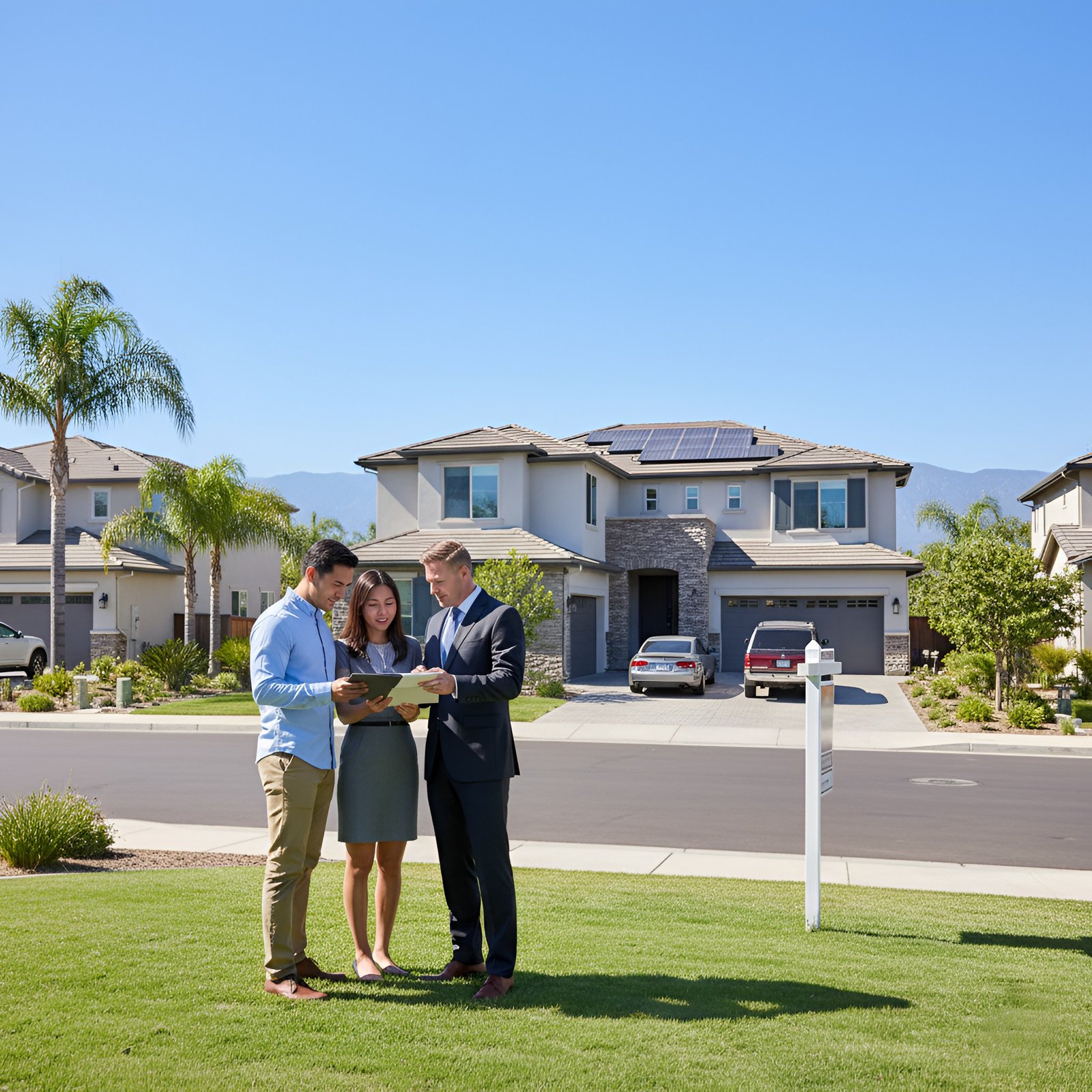 Real estate agent showing documents on a tablet to a young couple in front of a modern California two-story home with solar panels.