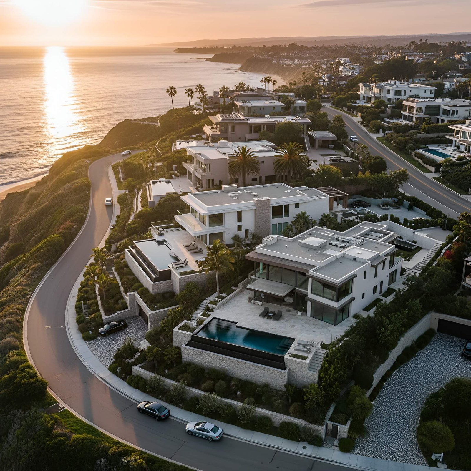 Aerial sunset view of luxury villas with infinity pools on a California coastal bluff.