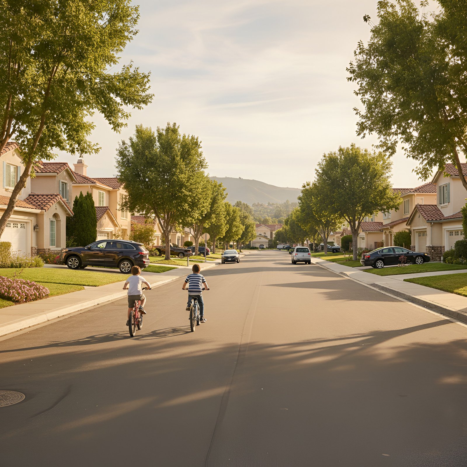 Sunlit California suburban street with two children on bikes, lined with two-story homes with red roofs, lawns, and mountains in the background.