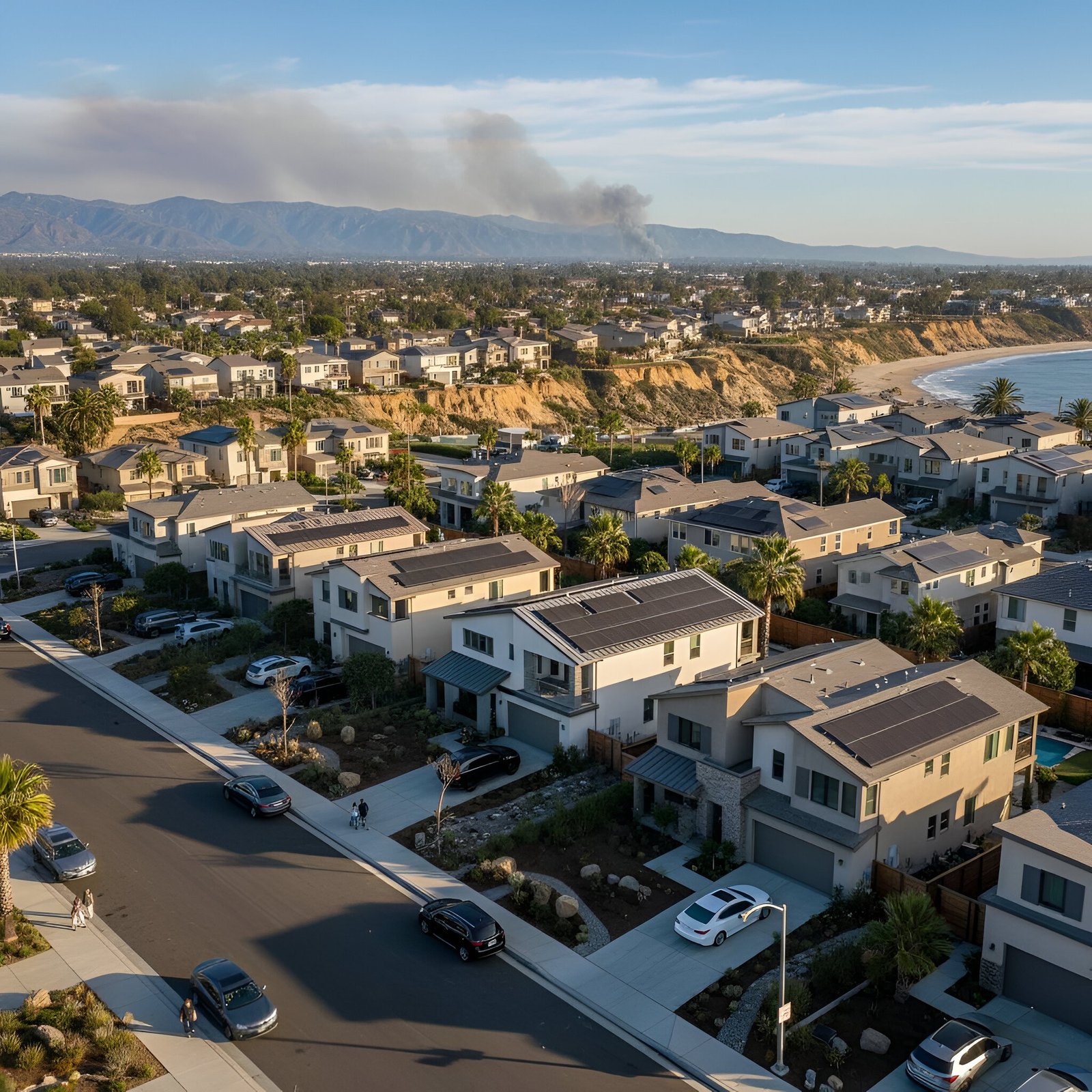 Aerial view of Southern California showing luxury coastal homes, historic city areas, and modern planned communities.