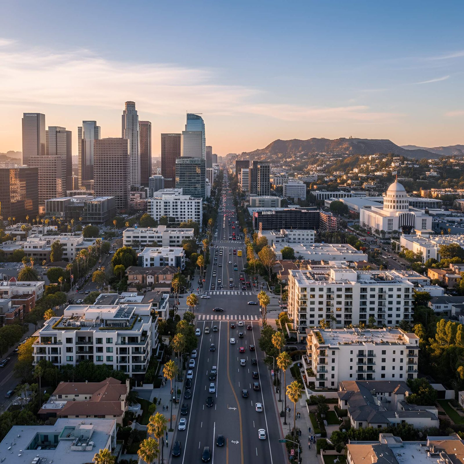 Sunset aerial view of a Los Angeles street with mid-rise apartments, downtown skyscrapers, and the Hollywood Hills in the background.