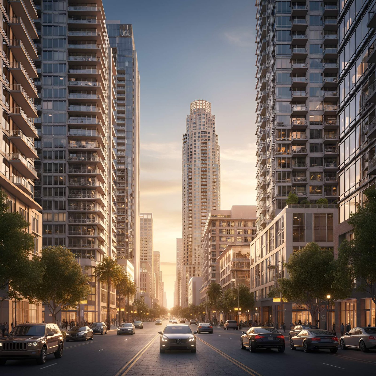 Street-level view of a busy Los Angeles road with glass high-rise buildings, a tall skyscraper, and cars at sunset.