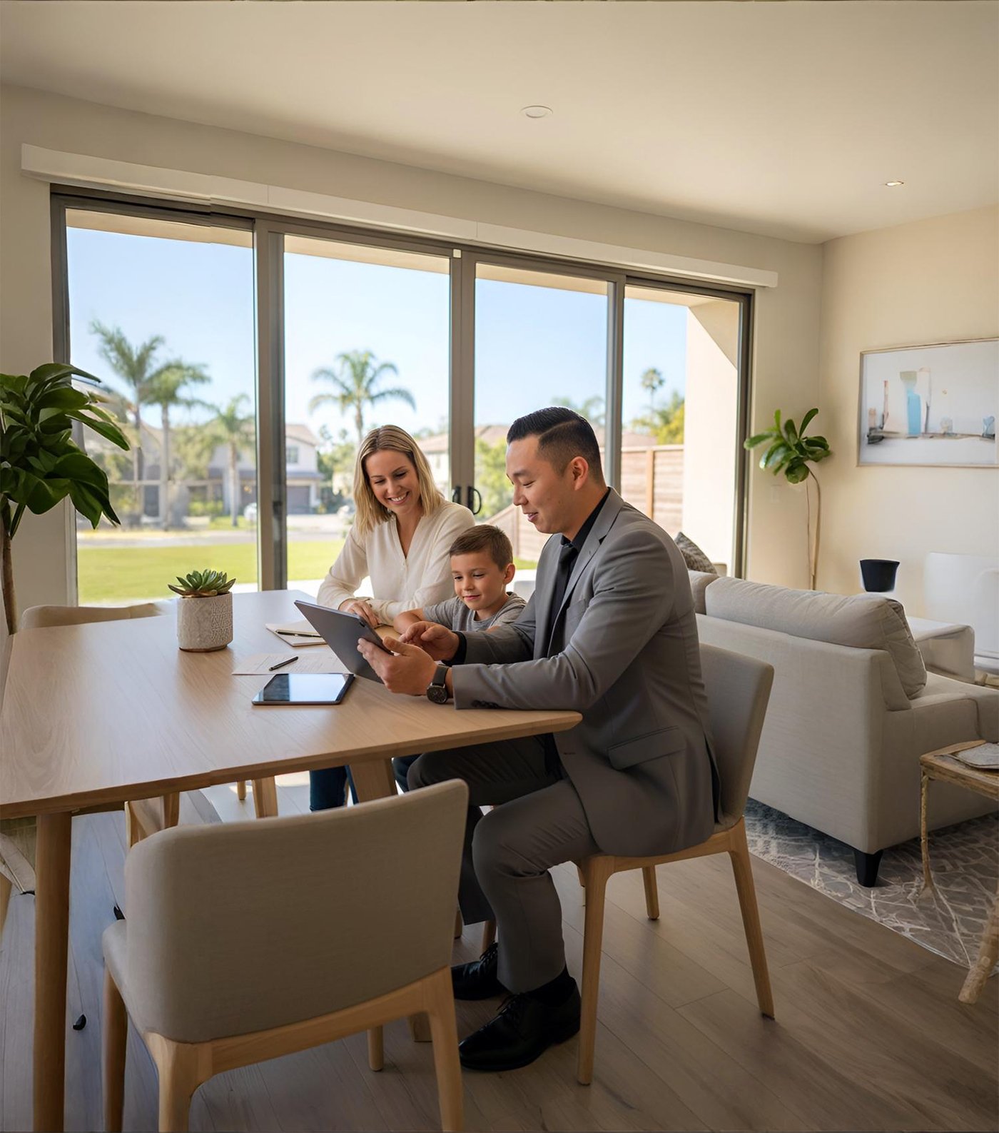 James Choi showing something on his tablet to a family of two.