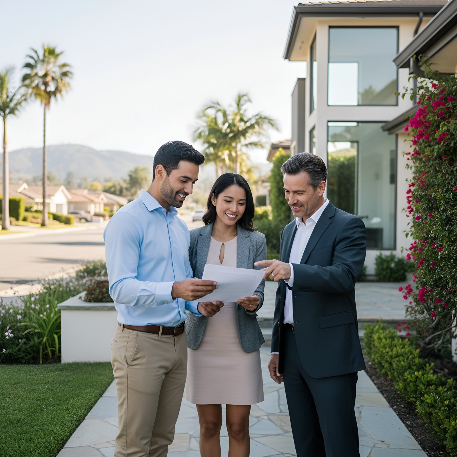 Real estate agent going over papers with a young couple in front of a modern beach house.