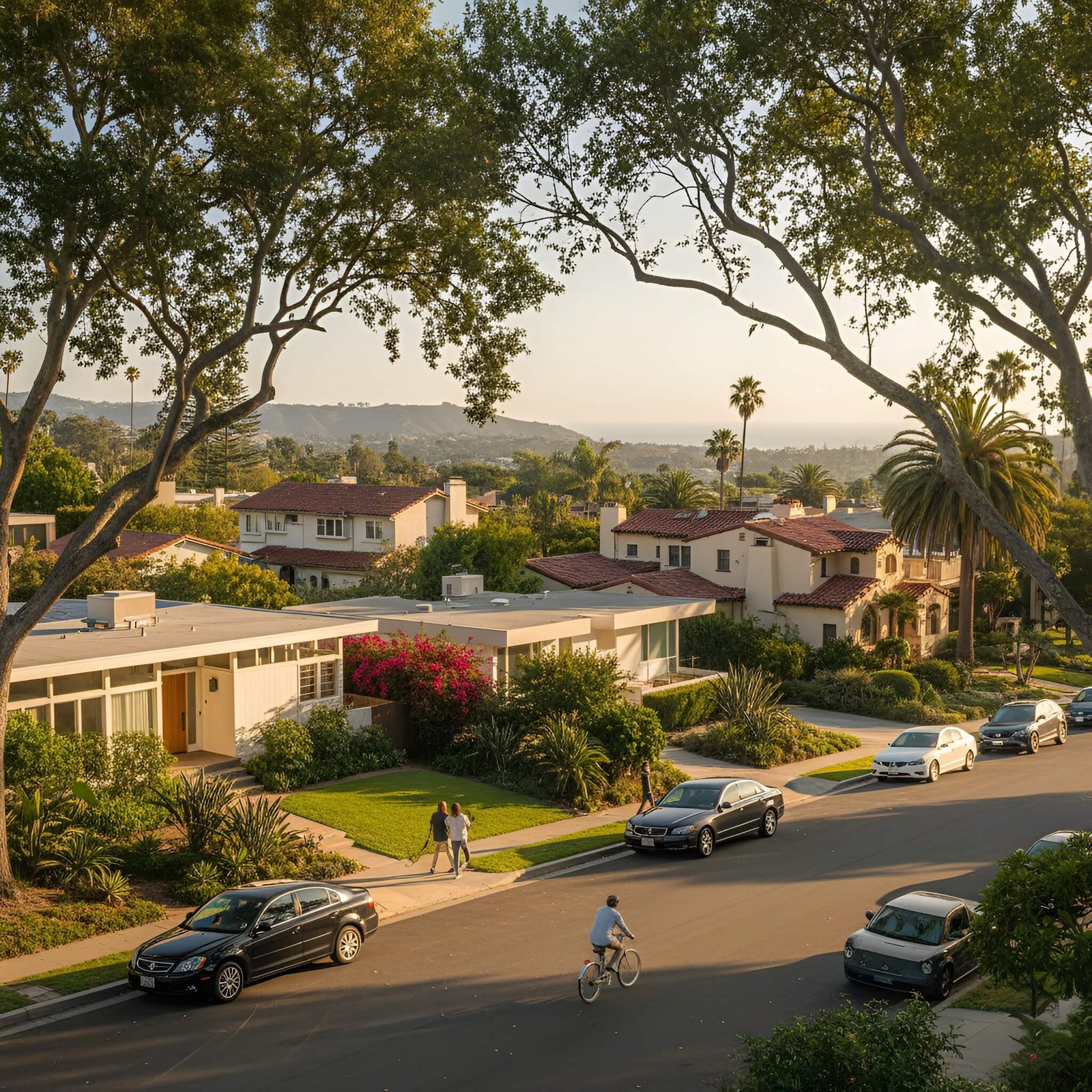 Aerial view of a sunny California neighborhood with mid-century modern homes, palm trees, and the ocean in the distance.